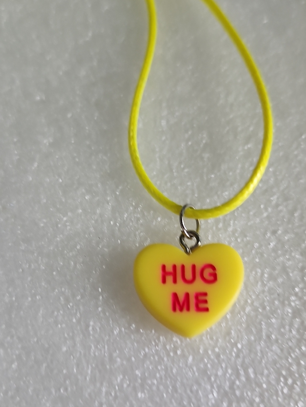 Hand Crafted Yellow Heart Necklace with Pink 'HUG ME' Lettering